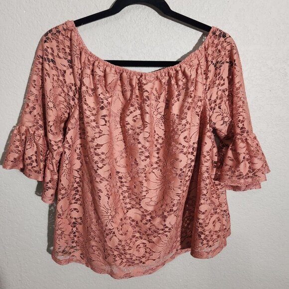 Meraki Womens Large Off-Shoulder Lace Blouse Bell Sleeves Mauve Crop top - Picture 9 of 15